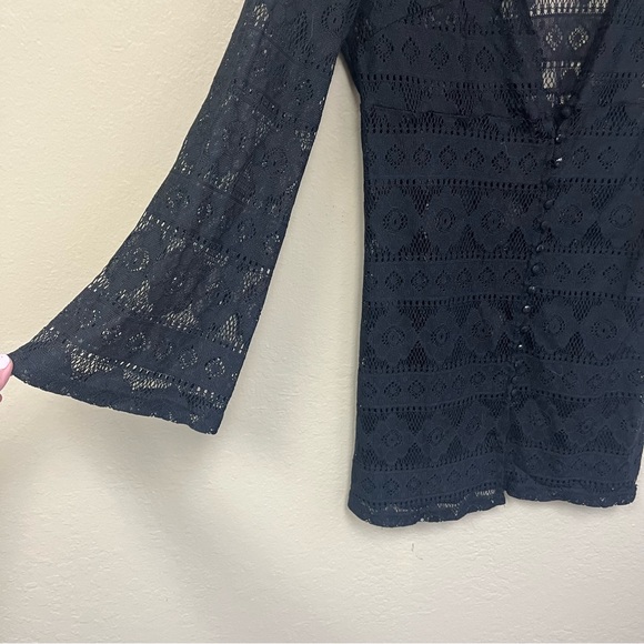 Lulus Black Boho Crochet Lace Sheer Swim Dress Coverup Sz Medium  Button Front - Picture 8 of 9